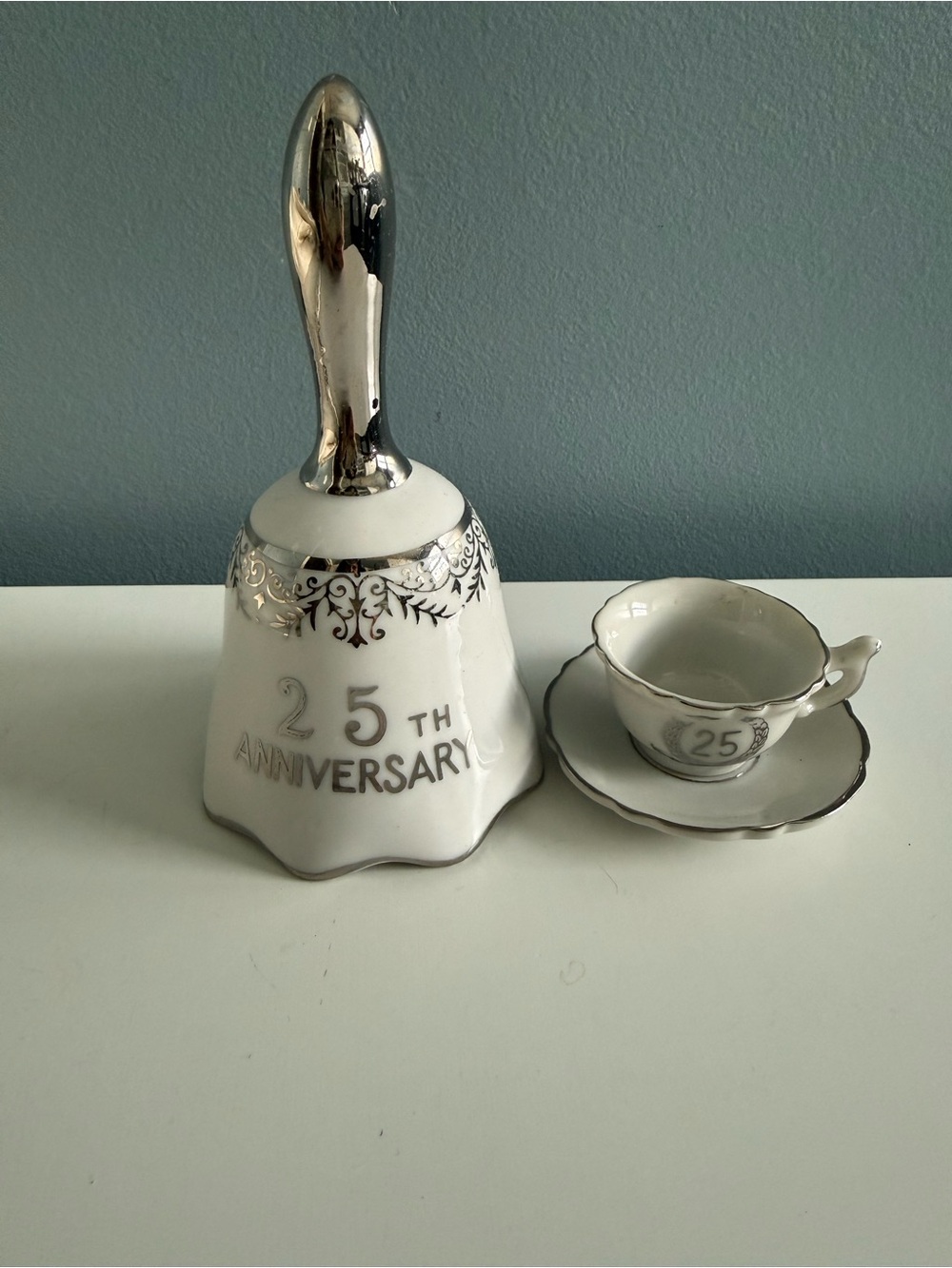 Vintage Fine China 25th Anniversary Porcelain Bell with Miniature Cup & Saucer